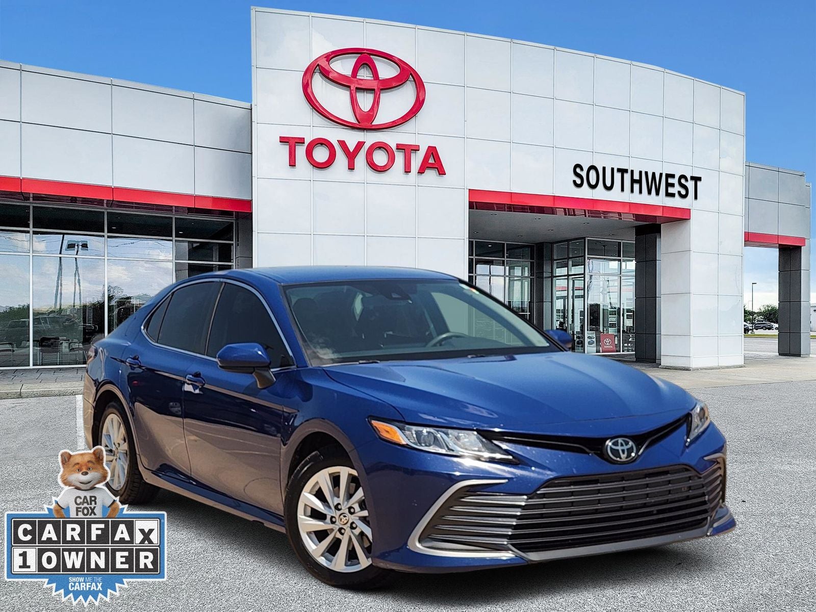 2023 Toyota Camry LE in Blue — front three-quarter view